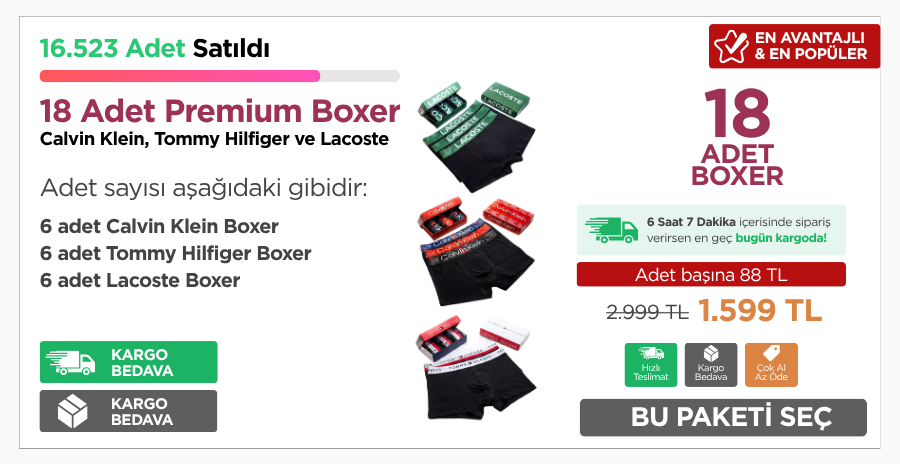 18 Adet Premium Boxer Paketi — Calvin Klein, Tommy Hilfiger, Lacoste — 1599 TL