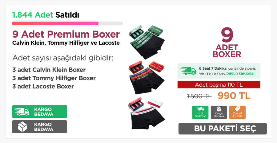 9 Adet Premium Boxer Paketi — Calvin Klein, Tommy Hilfiger, Lacoste — 990 TL